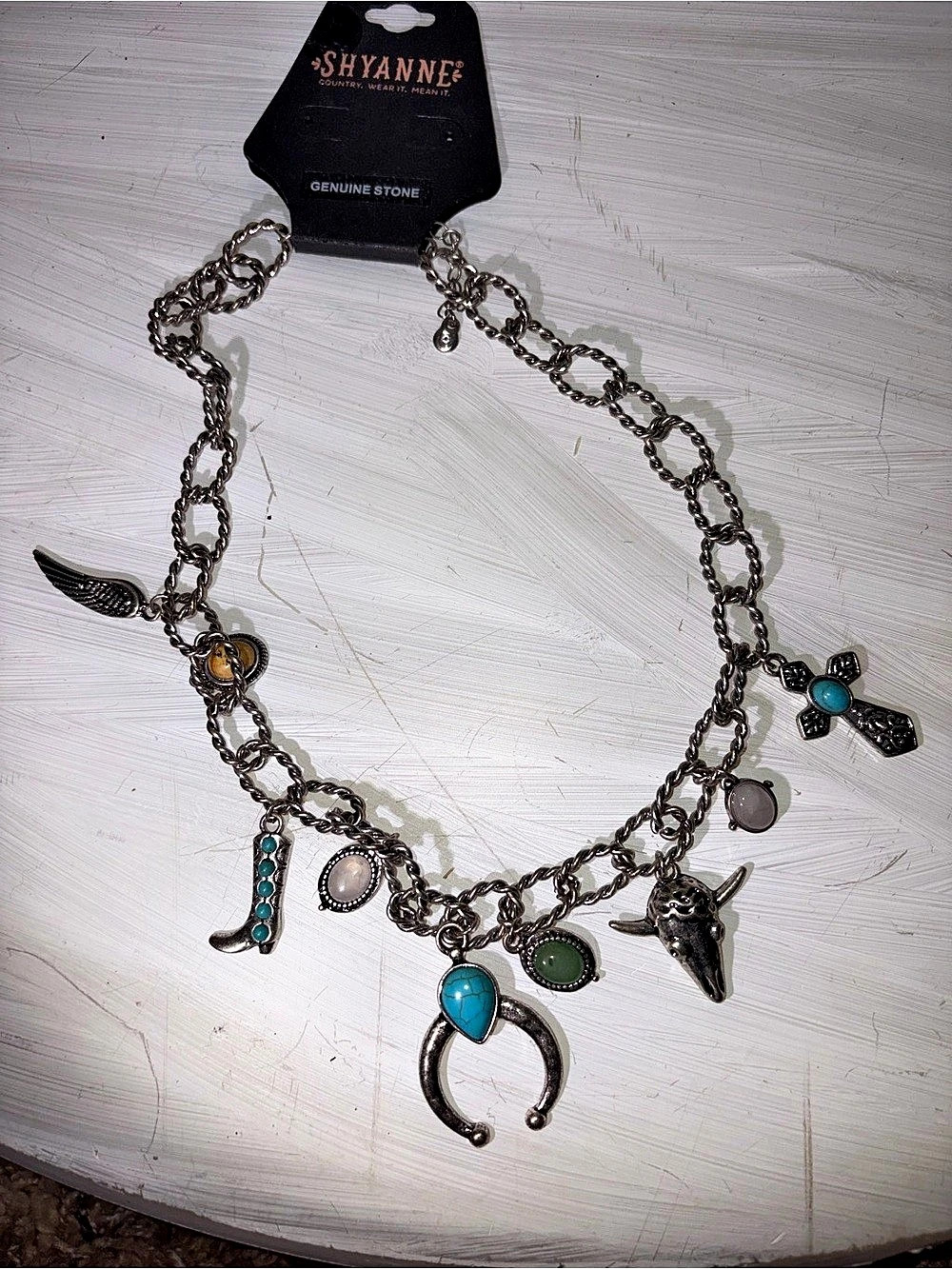 Shyanne Genuine Stone Charm Necklace in Silver & Blue NWT